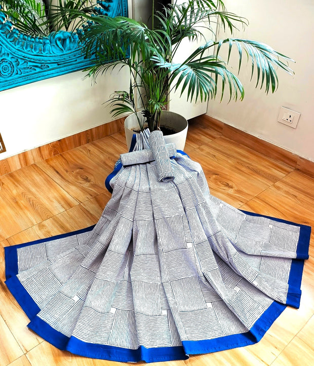 White Navy Blue Stripe Handblock Print Double Bedsheet