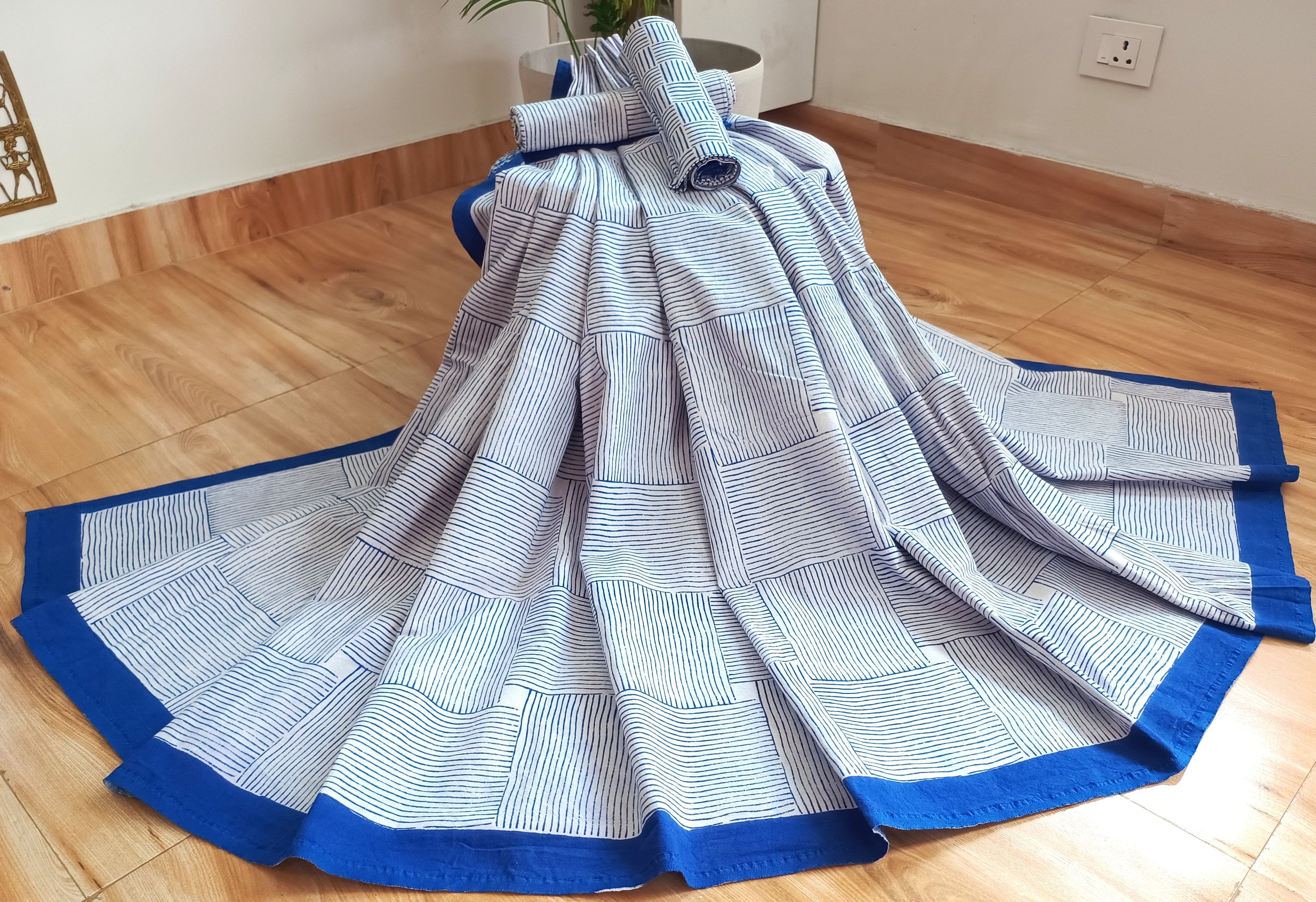 White Navy Blue Stripe Handblock Print Double Bedsheet