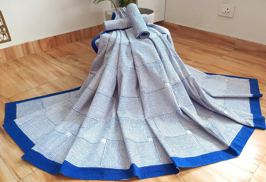White Navy Blue Stripe Handblock Print Double Bedsheet