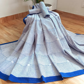 White Navy Blue Stripe Handblock Print Double Bedsheet