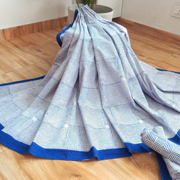 White Navy Blue Stripe Handblock Print Double Bedsheet