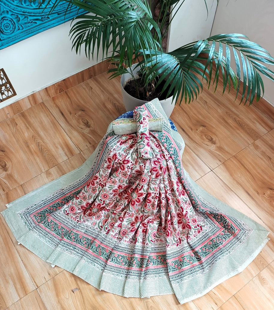 White Multi Handblock Print Double Bedsheet