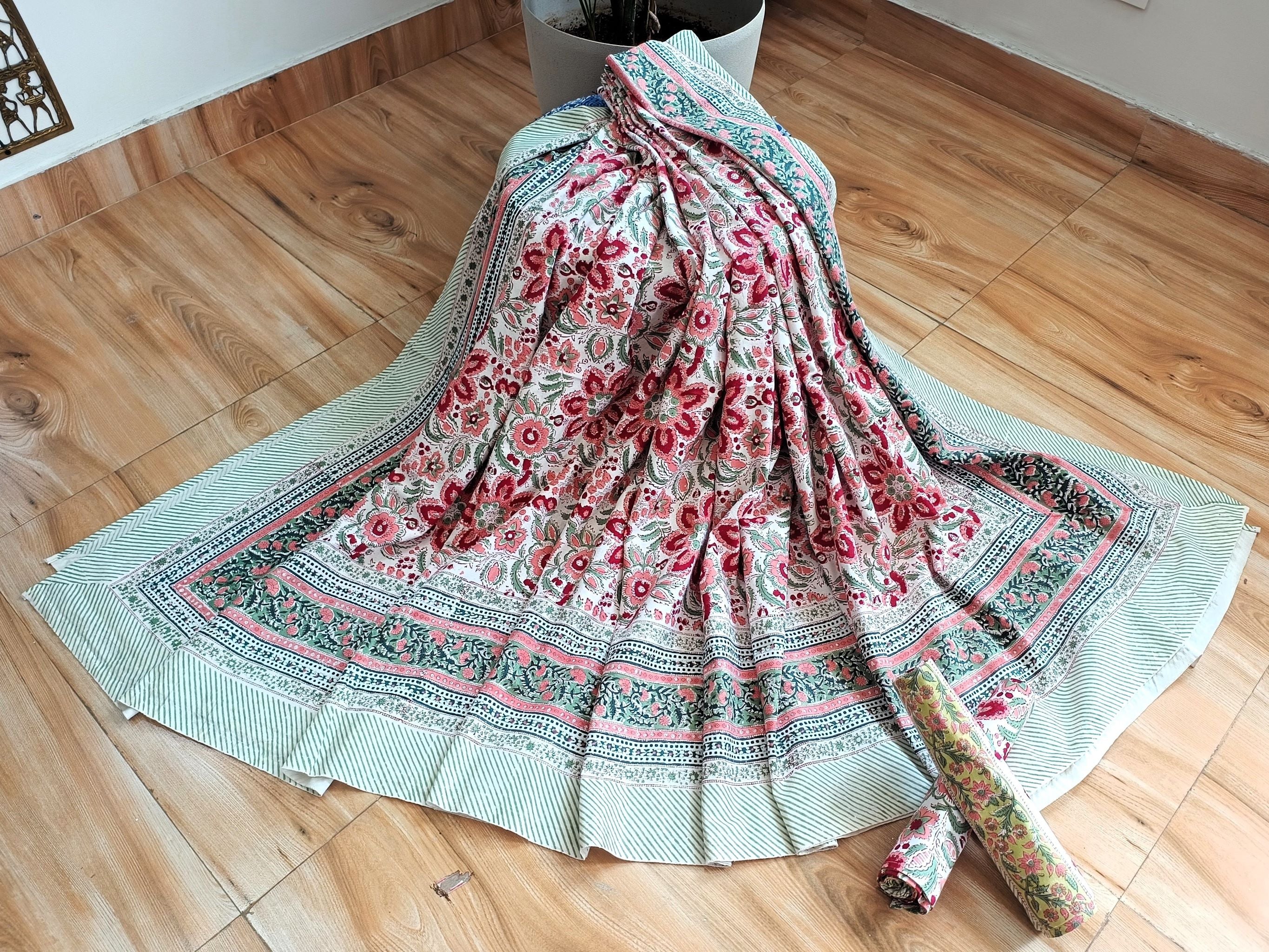 White Multi Handblock Print Double Bedsheet