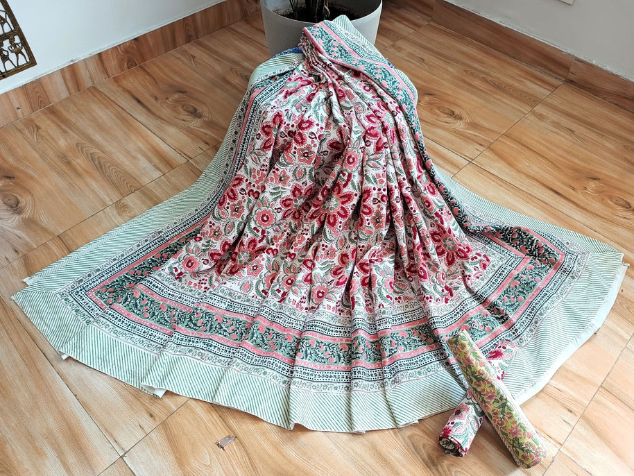 White Multi Handblock Print Double Bedsheet