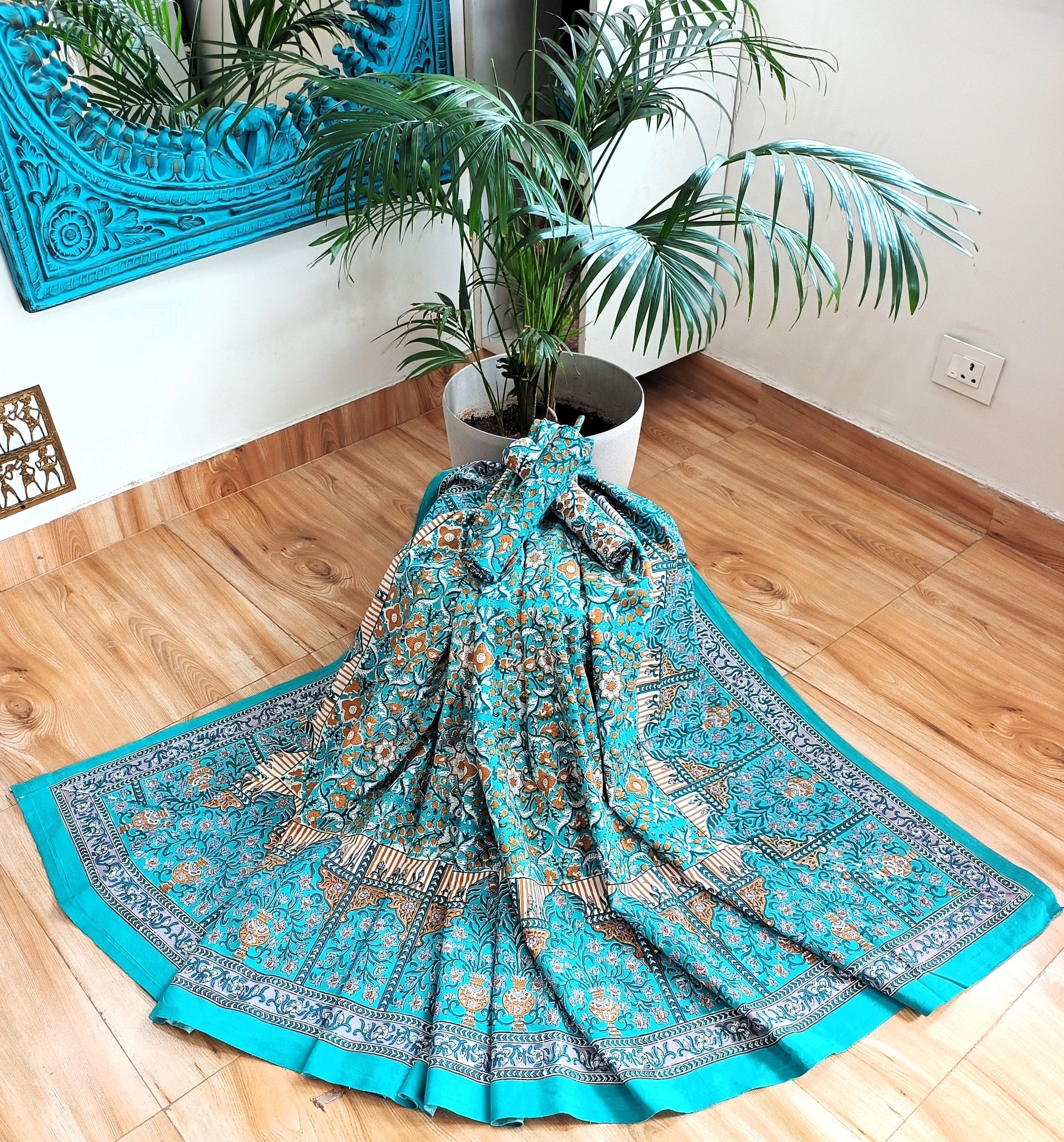 Blue Musturd Handblock Print Double Bedsheet