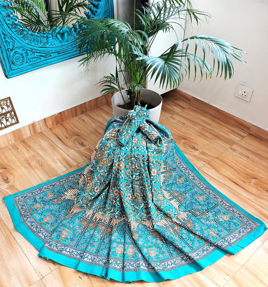 Blue Musturd Handblock Print Double Bedsheet