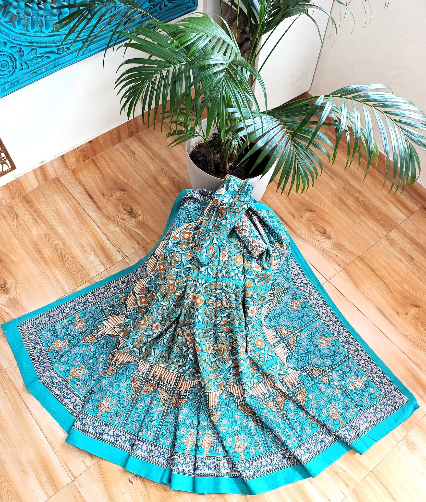 Blue Musturd Handblock Print Double Bedsheet