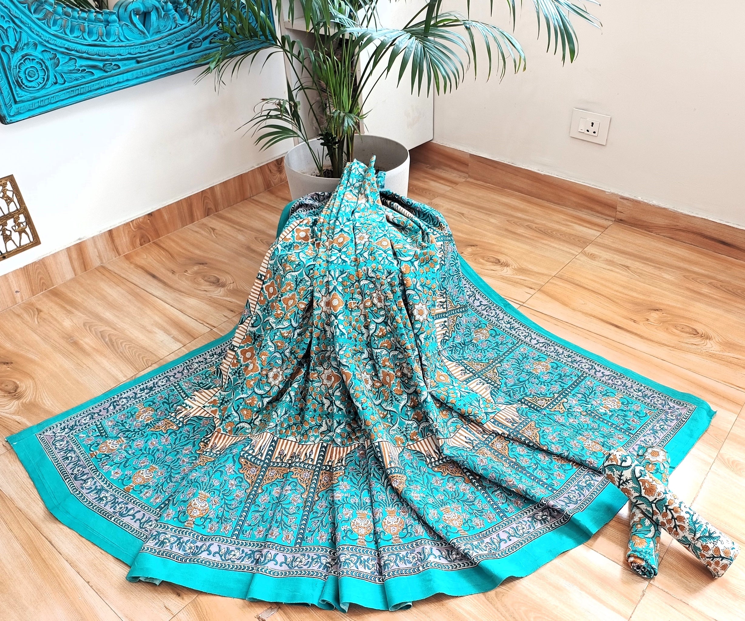 Blue Musturd Handblock Print Double Bedsheet
