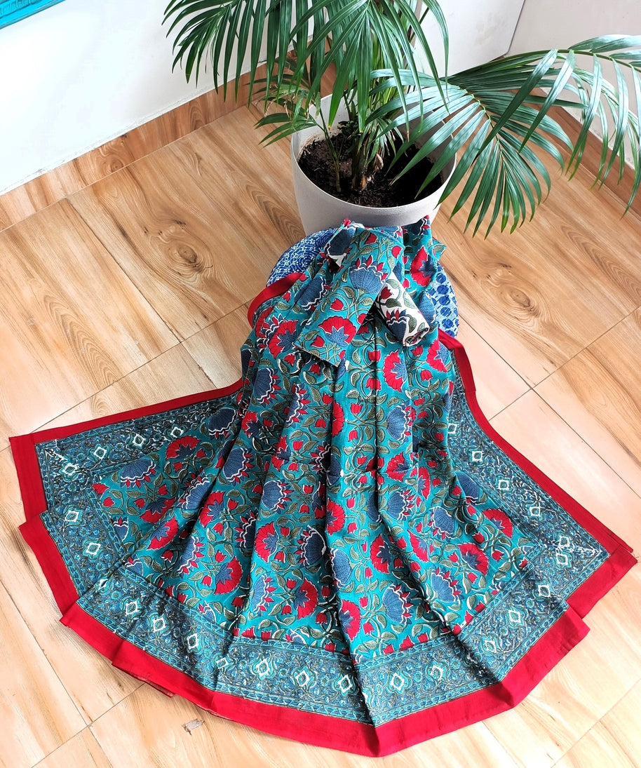 Green Multi Handblock Print Double Bedsheet