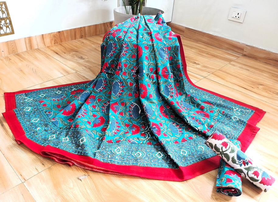 Green Multi Handblock Print Double Bedsheet