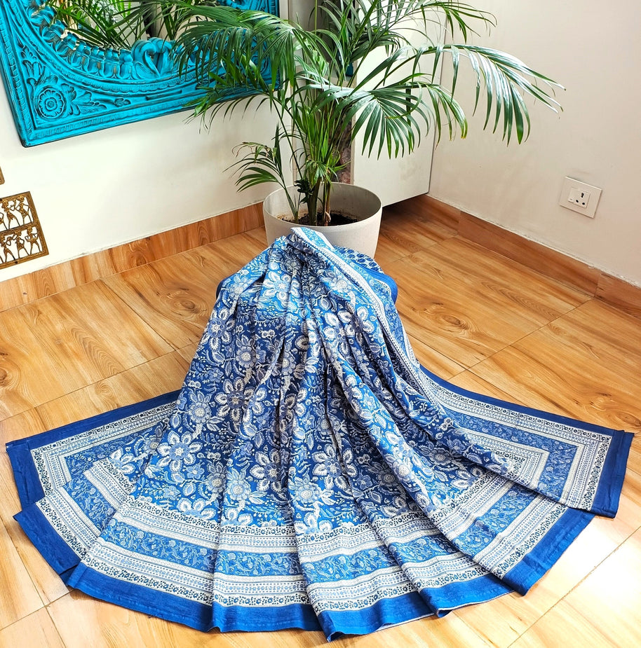 Navy Blue White Handblock Print Double Bedsheet