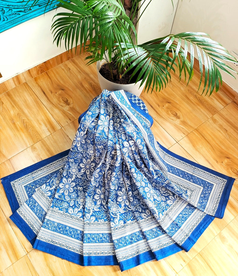 Navy Blue White Handblock Print Double Bedsheet