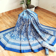Navy Blue White Handblock Print Double Bedsheet