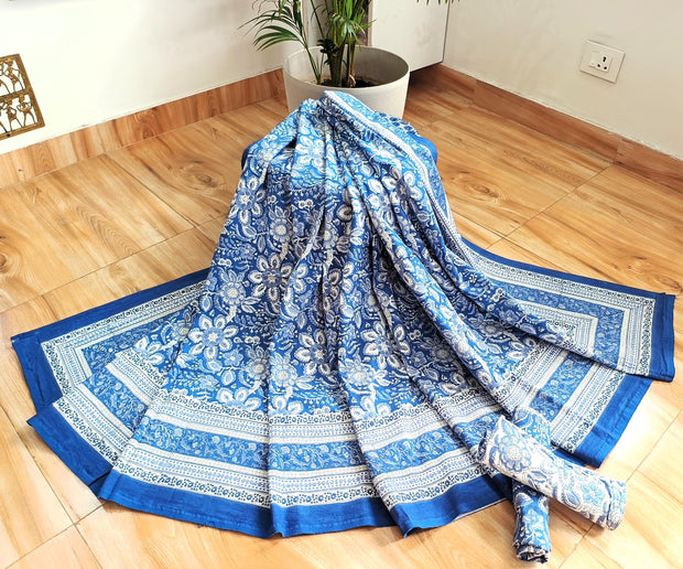 Navy Blue White Handblock Print Double Bedsheet