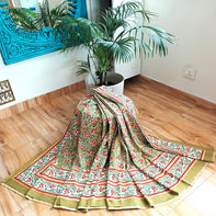 Olive Green Red Handblock Print Double Bedsheet