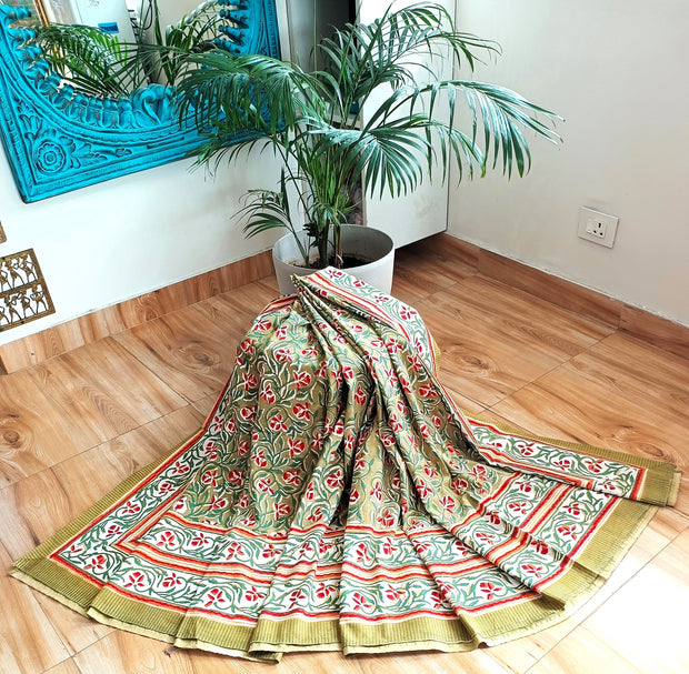 Olive Green Red Handblock Print Double Bedsheet
