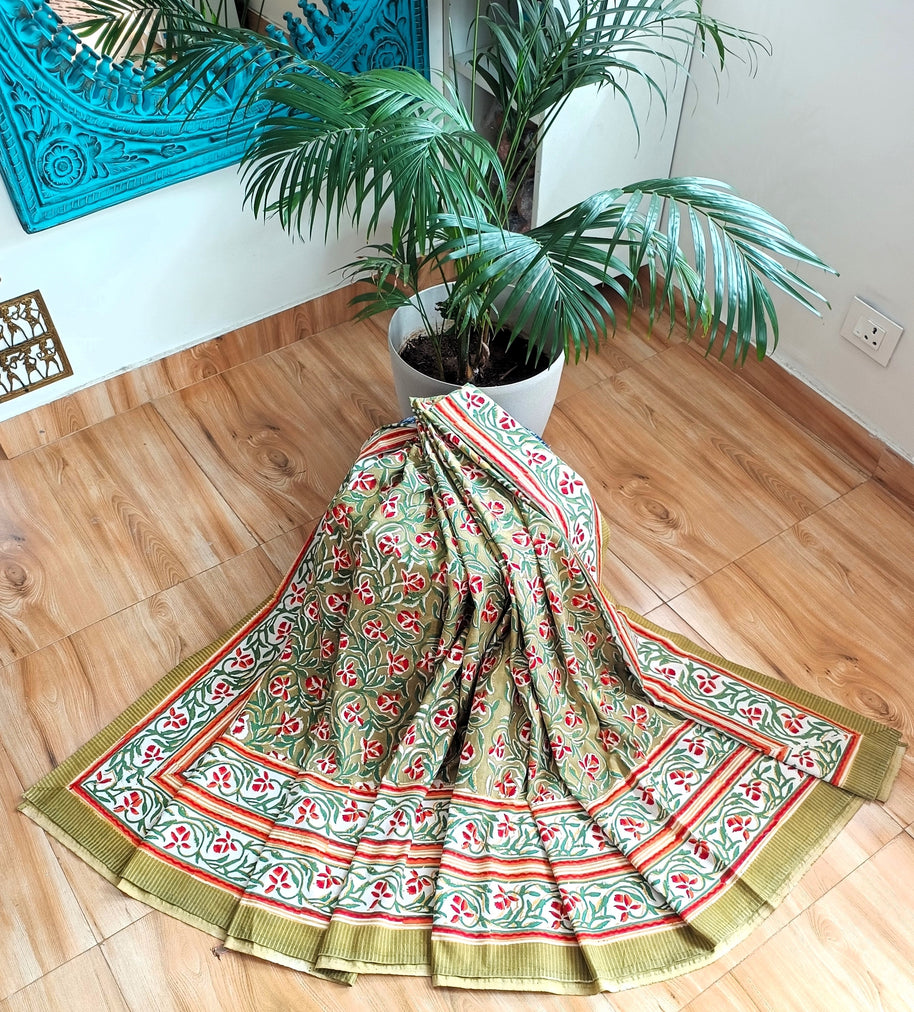 Olive Green Red Handblock Print Double Bedsheet