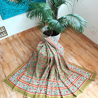 Olive Green Red Handblock Print Double Bedsheet