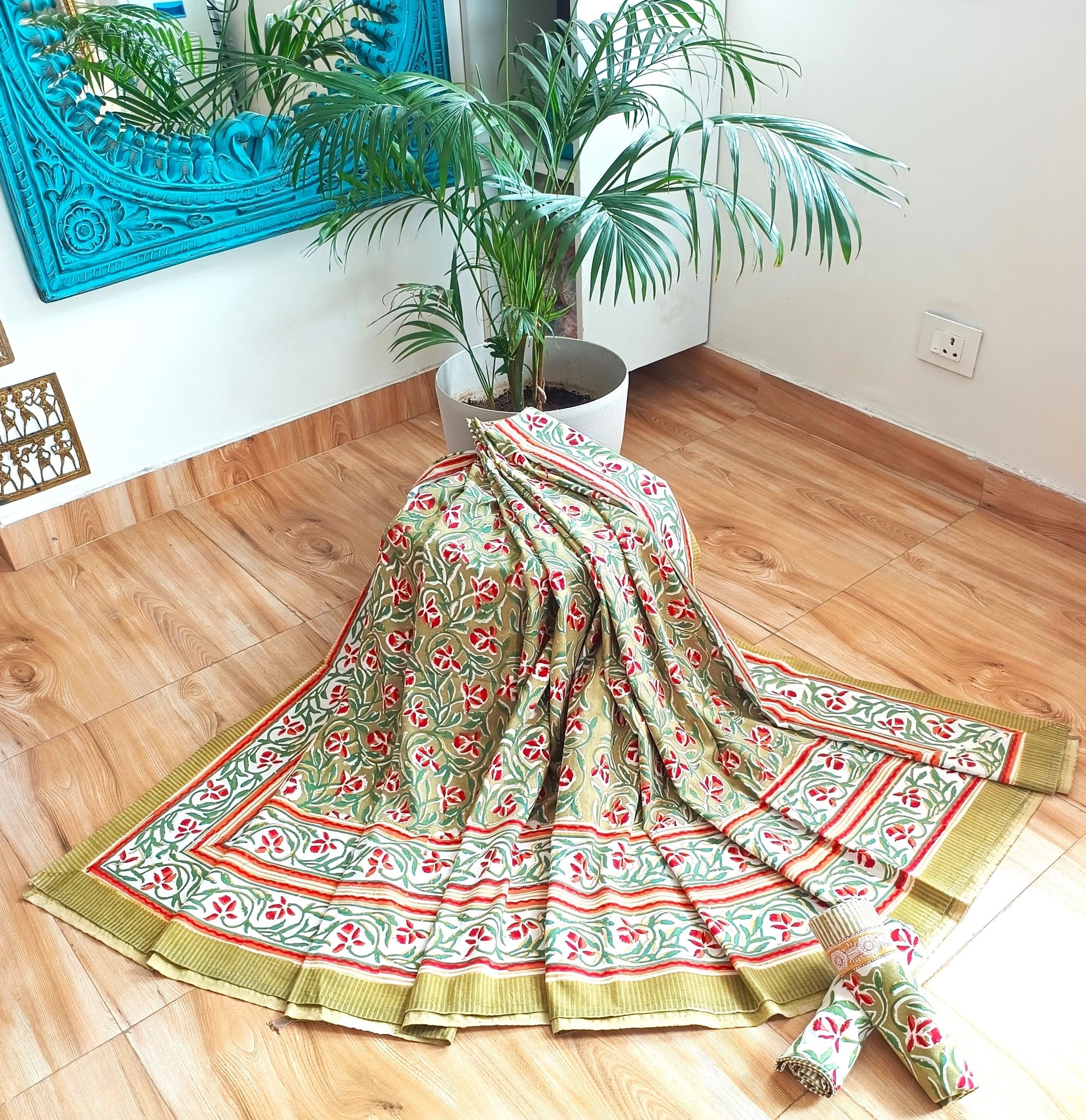 Olive Green Red Handblock Print Double Bedsheet