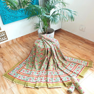 Olive Green Red Handblock Print Double Bedsheet