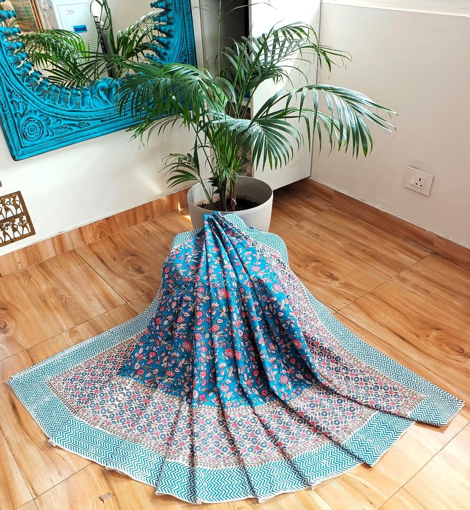Blue Pink Handblock Print Double Bedsheet