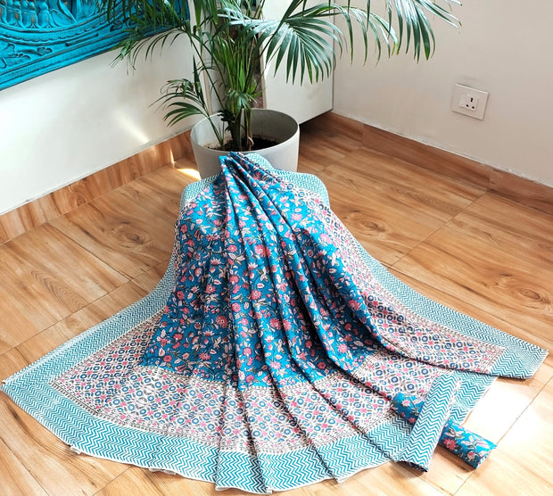 Blue Pink Handblock Print Double Bedsheet