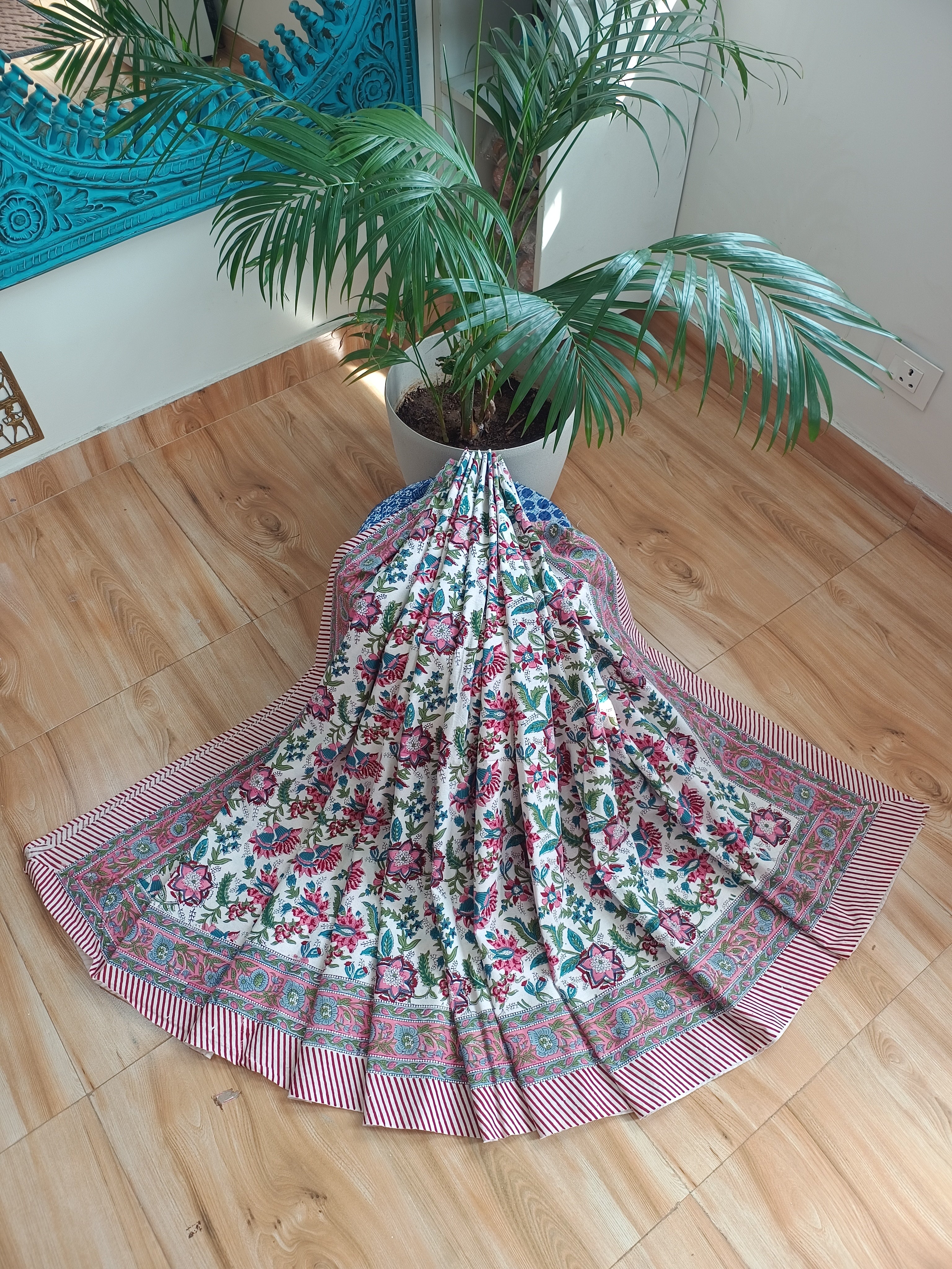 White Pink Green Handblock Print Double Bedsheet