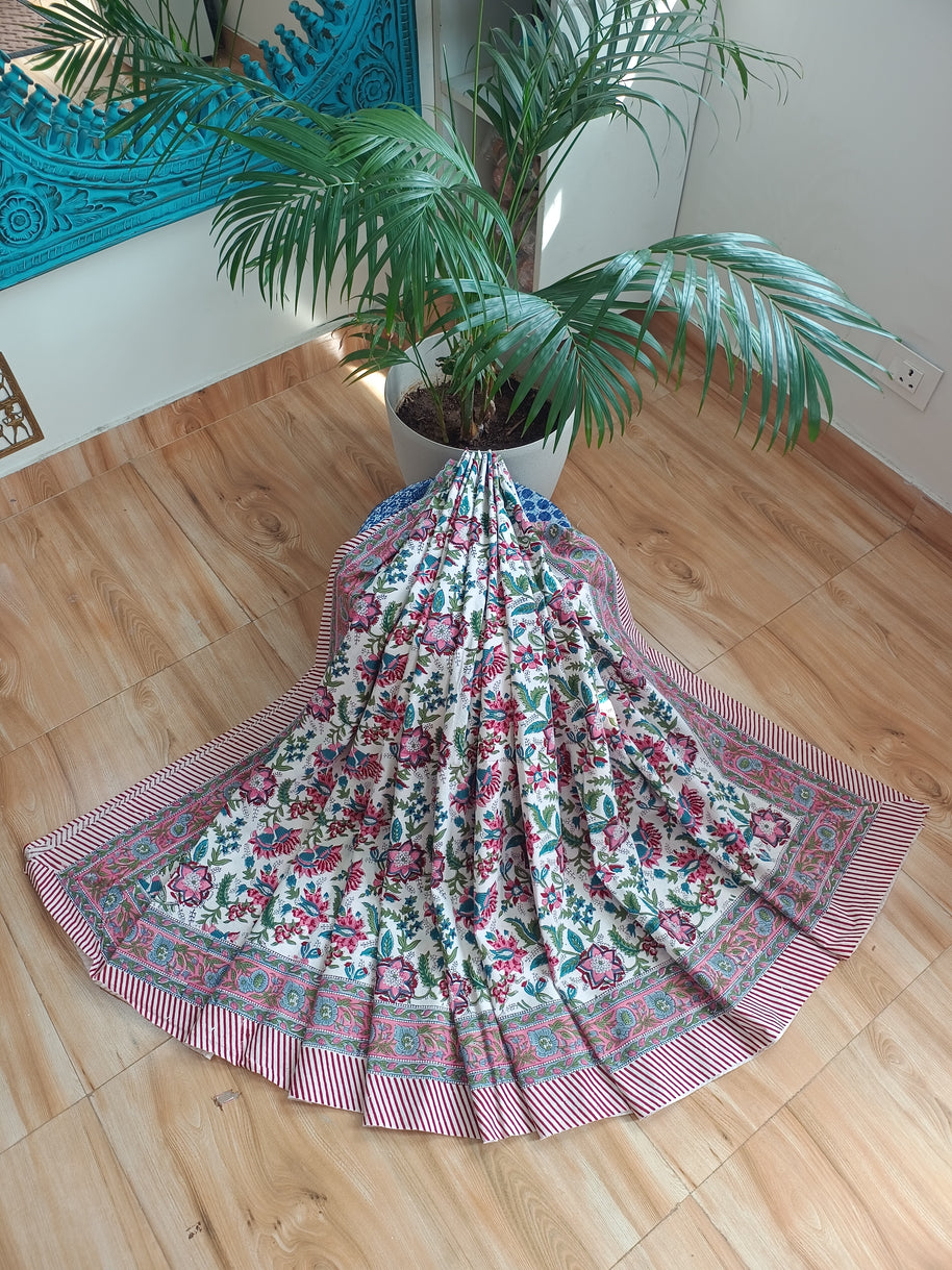 White Pink Green Handblock Print Double Bedsheet