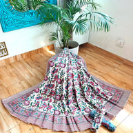 White Pink Green Handblock Print Double Bedsheet