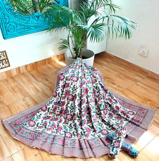 White Pink Green Handblock Print Double Bedsheet