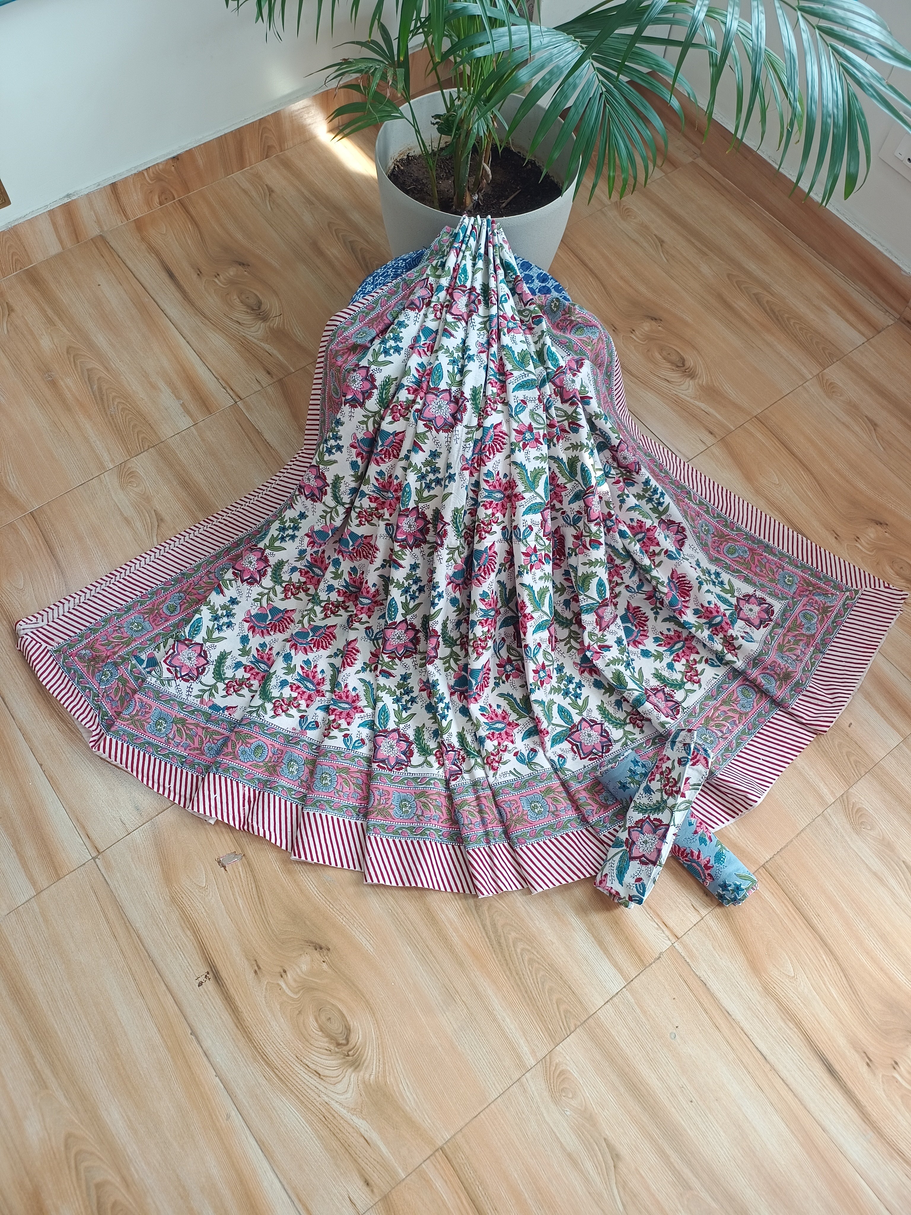 White Pink Green Handblock Print Double Bedsheet