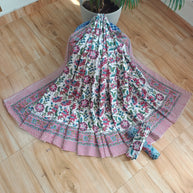 White Pink Green Handblock Print Double Bedsheet