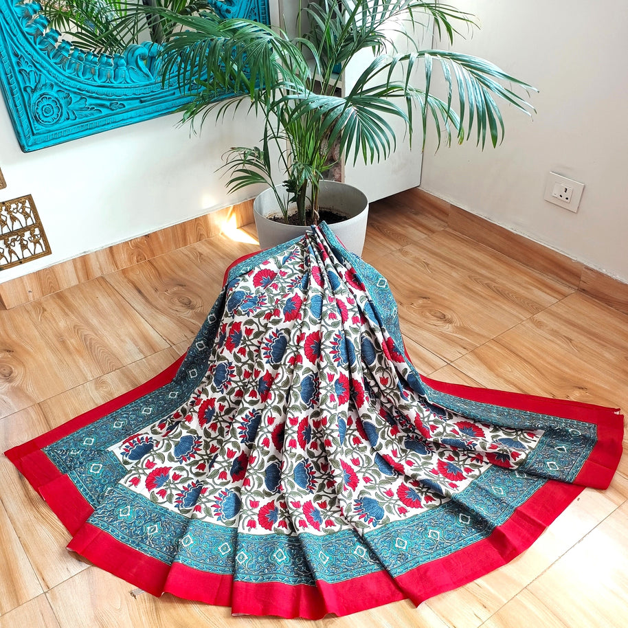 White Red Handblock Print Double Bedsheet