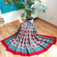 White Red Handblock Print Double Bedsheet