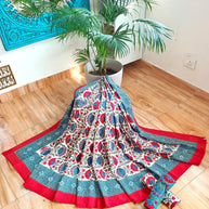 White Red Handblock Print Double Bedsheet