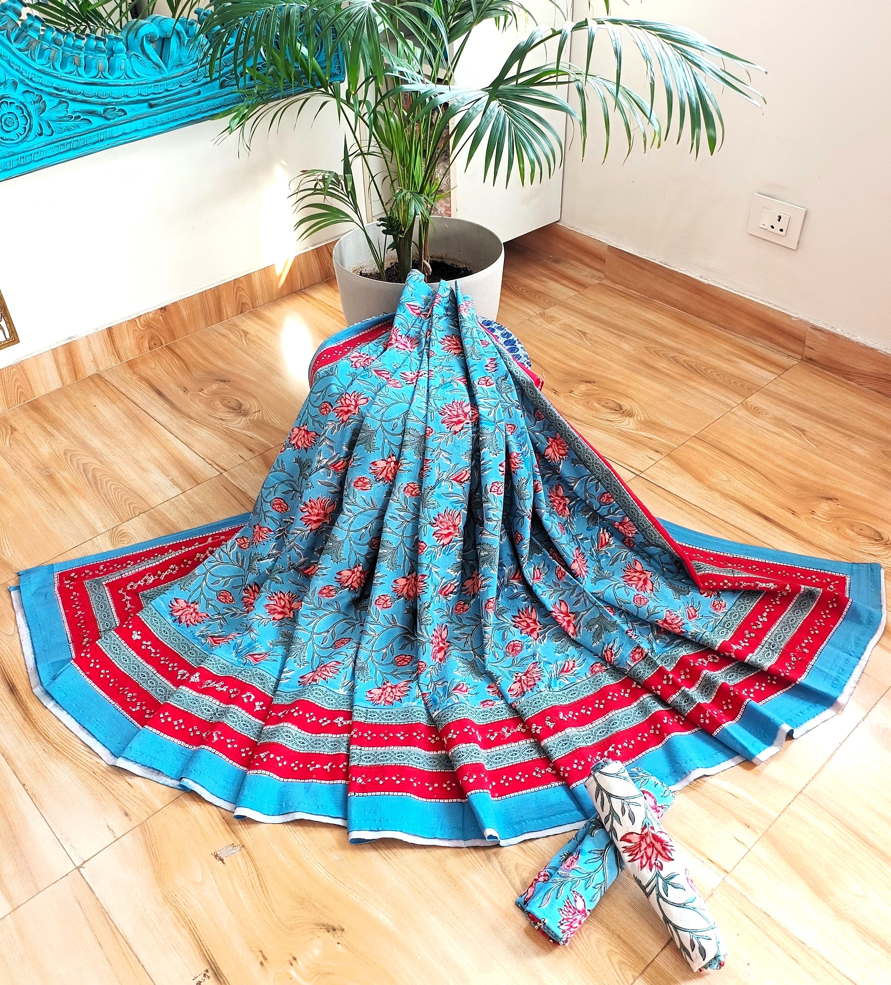 Sky Blue Red Handblock Print Double Bedsheet