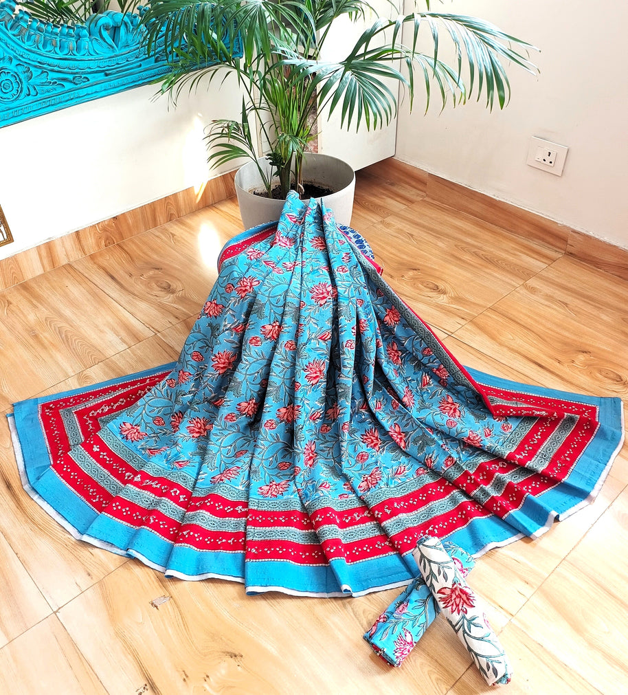 Sky Blue Red Handblock Print Double Bedsheet