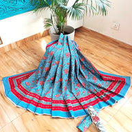 Sky Blue Red Handblock Print Double Bedsheet