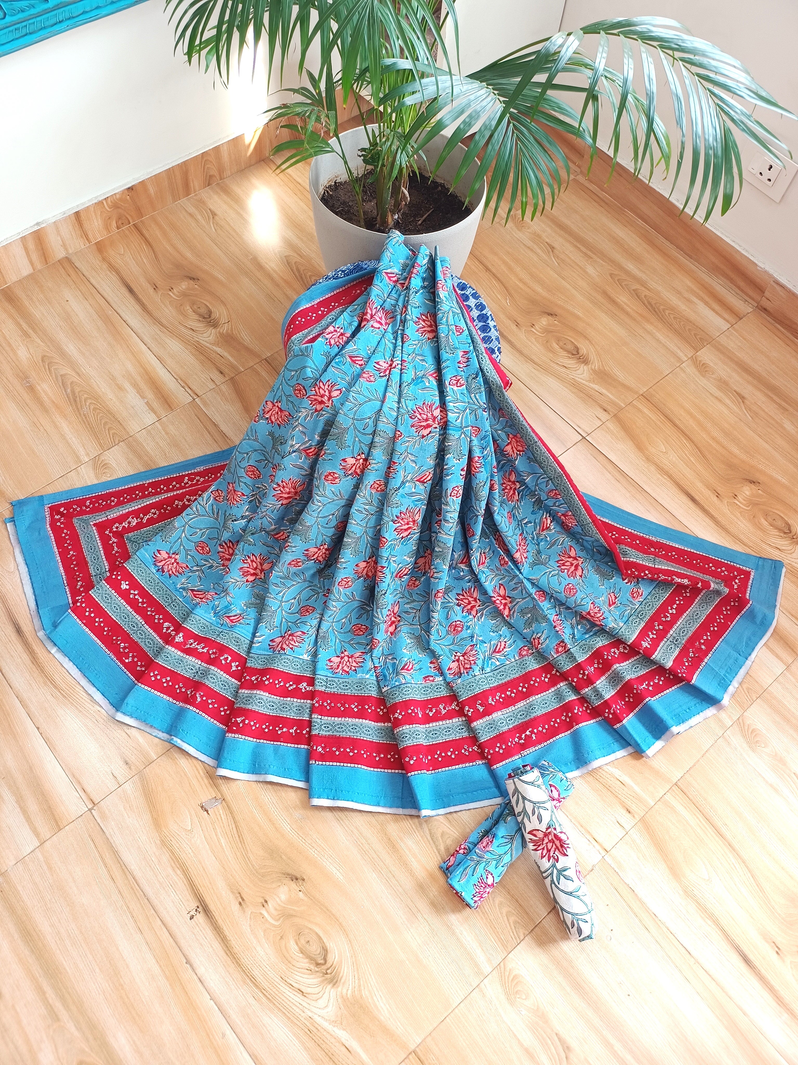 Sky Blue Red Handblock Print Double Bedsheet