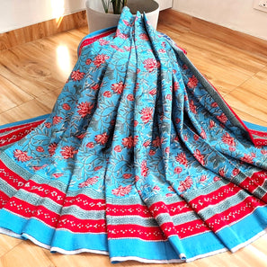 Sky Blue Red Handblock Print Double Bedsheet