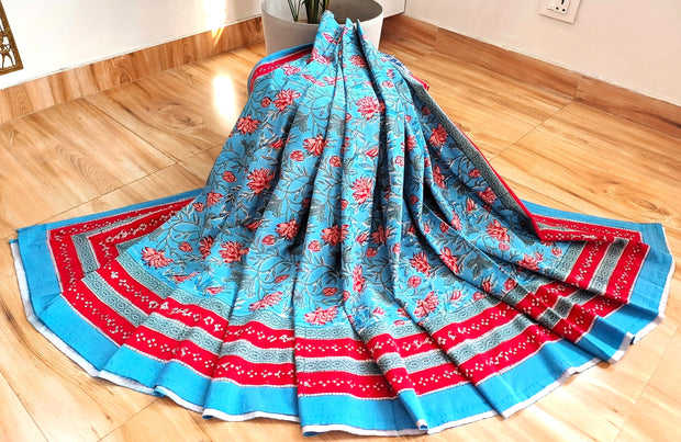 Sky Blue Red Handblock Print Double Bedsheet