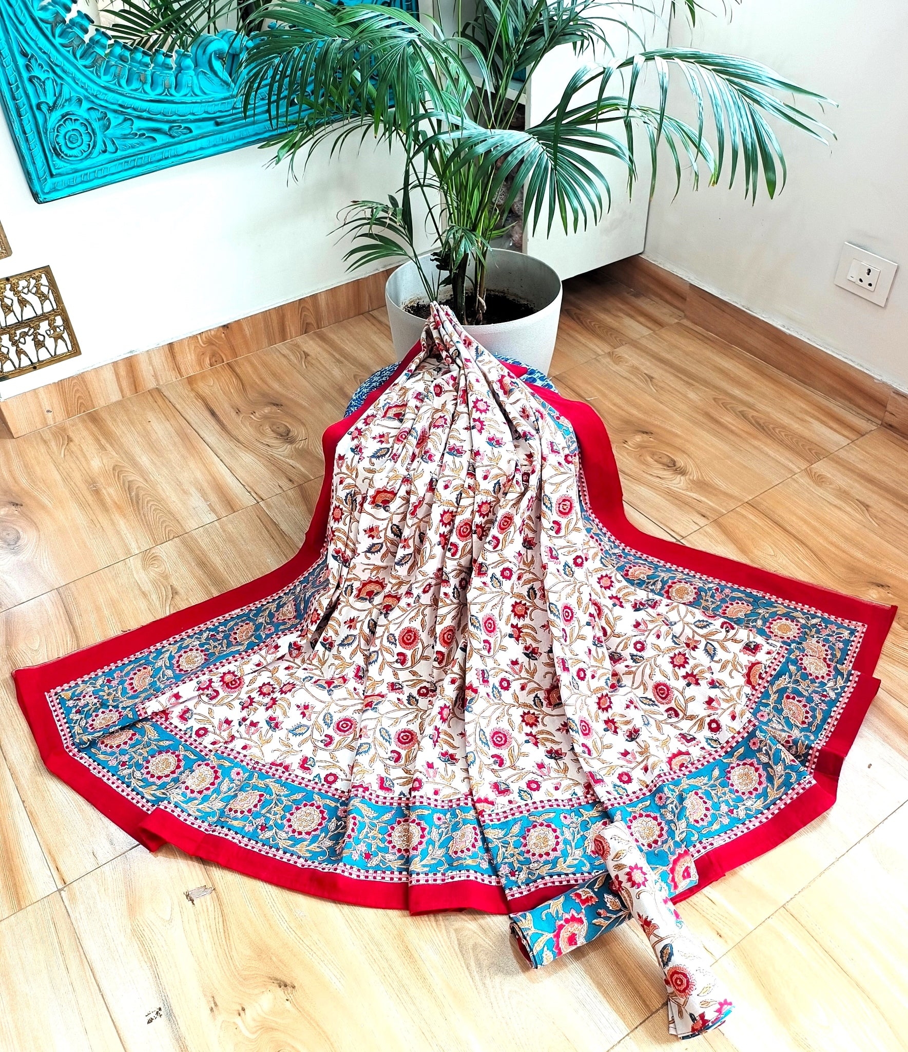 White Musturd Handblock Print Double Bedsheet