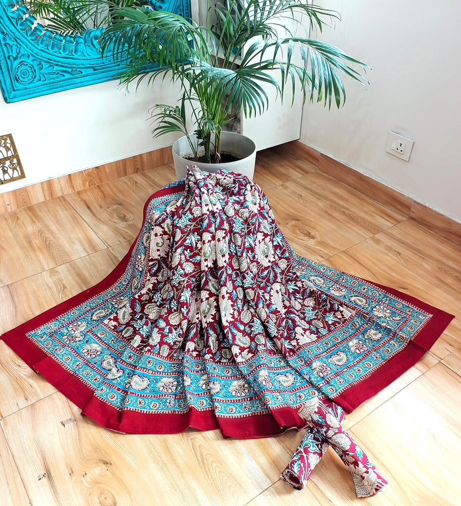 Maroon White Handblock Print Double Bedsheet