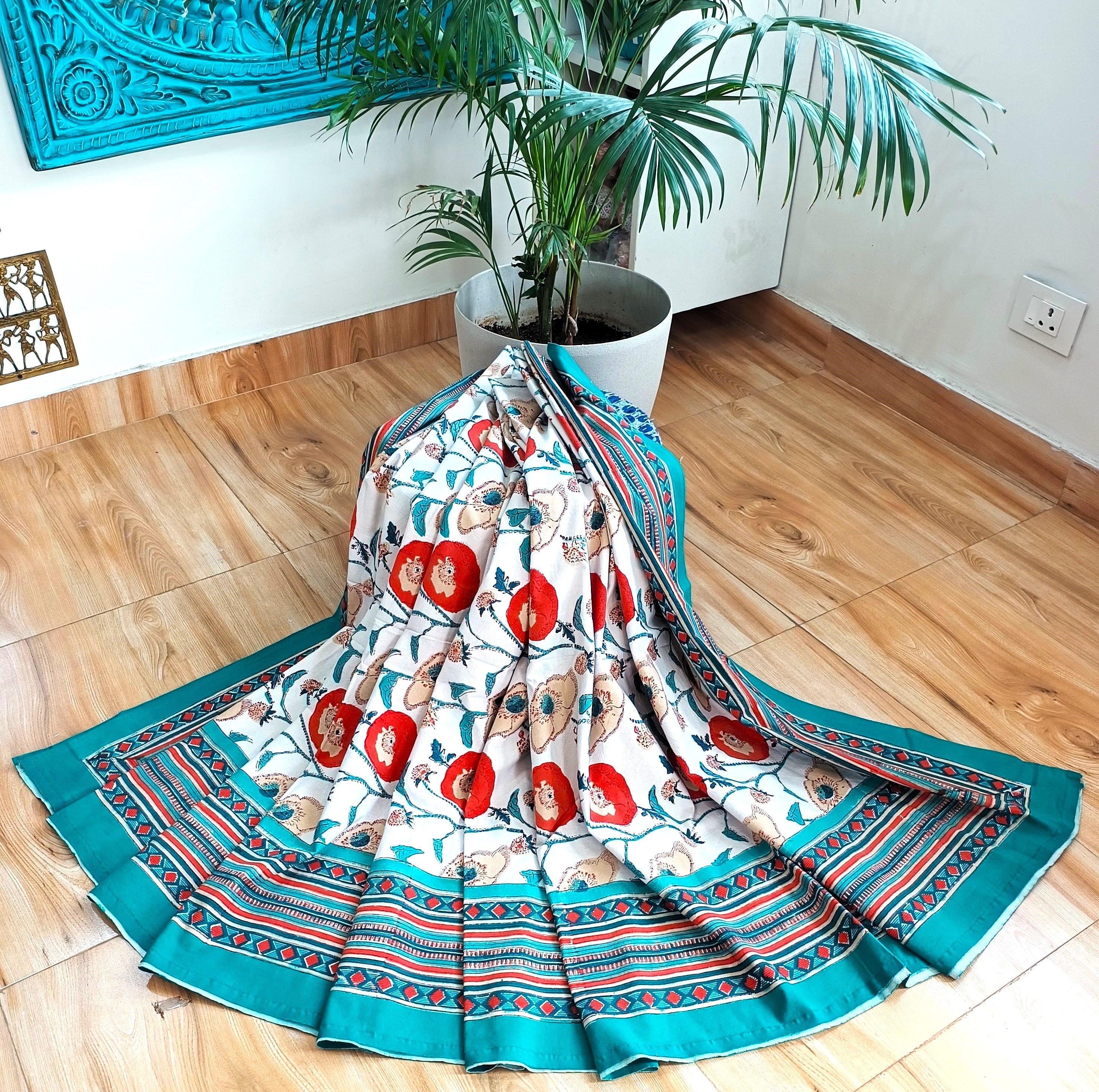 White Orange Handblock Print Double Bedsheet