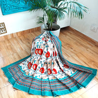 White Orange Handblock Print Double Bedsheet