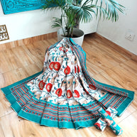 White Orange Handblock Print Double Bedsheet