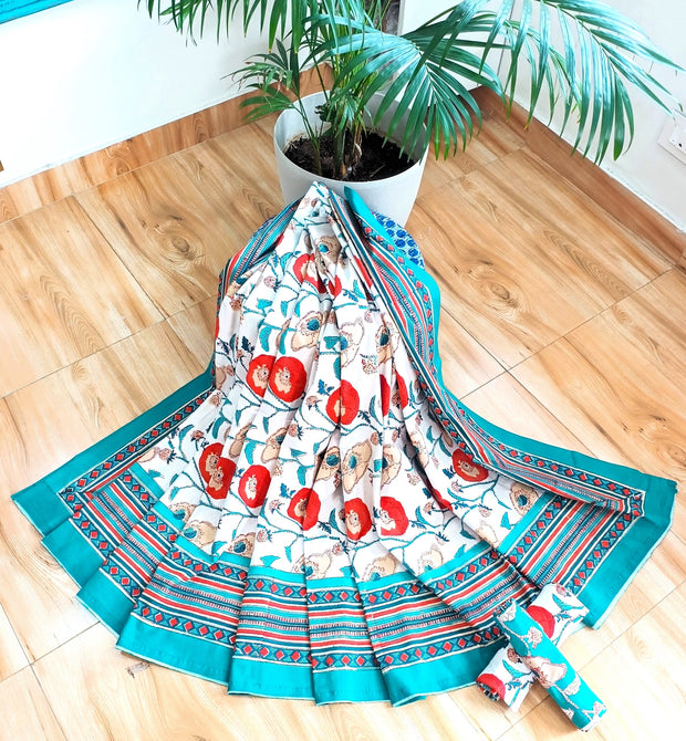 White Orange Handblock Print Double Bedsheet