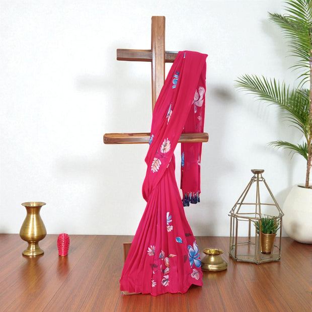 Red Handpainted Cotton Saree