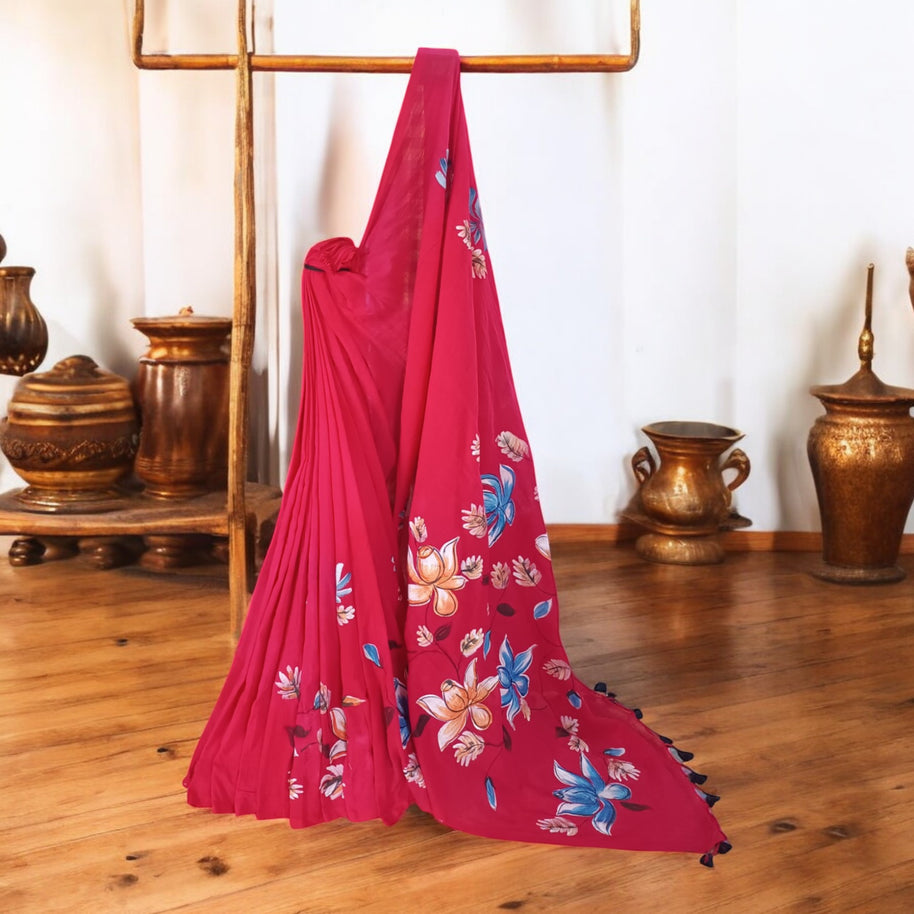Red Handpainted Cotton Saree