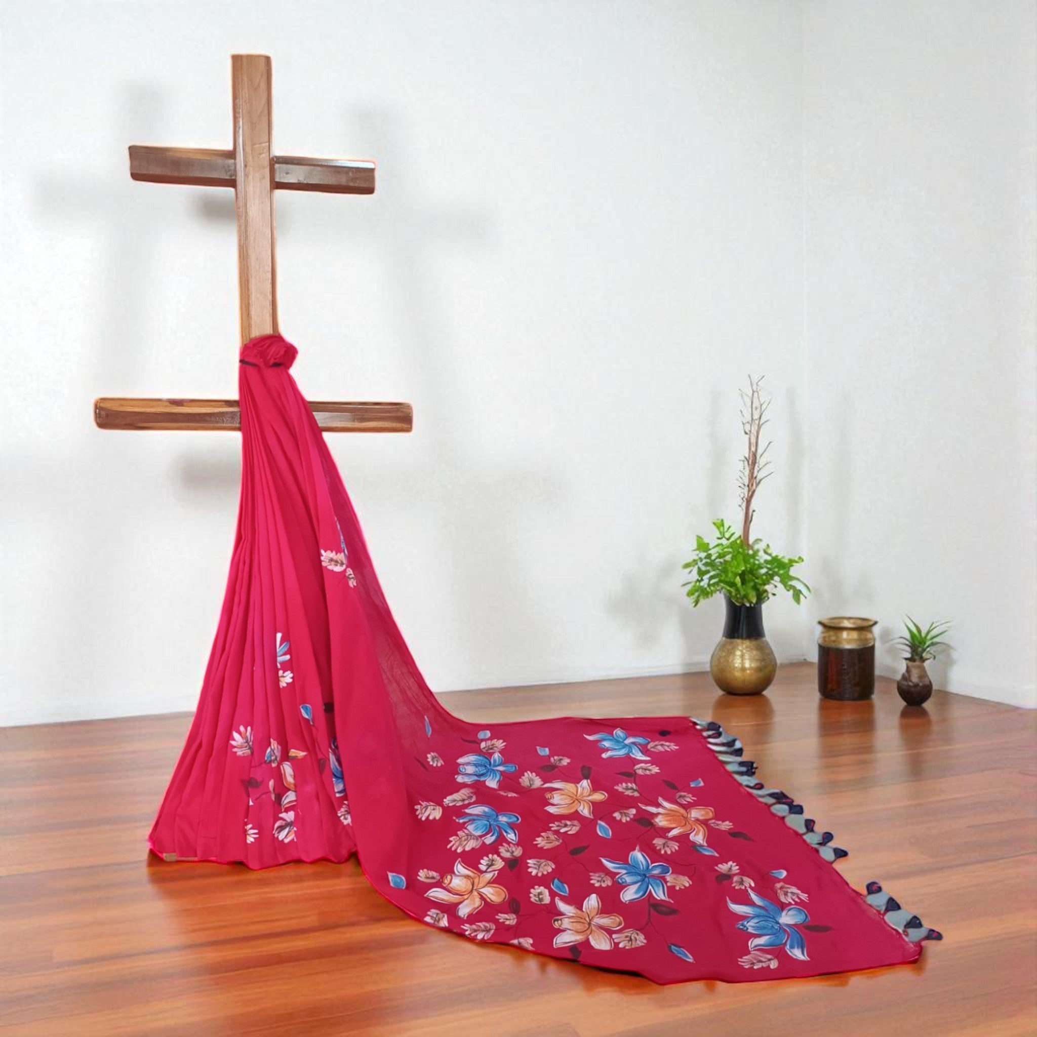 Red Handpainted Cotton Saree